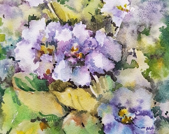 Peinture à l’aquarelle originale. Décor d’art mural. Aquarelle faite à la main. Art floral. Nature. Violettes bleues