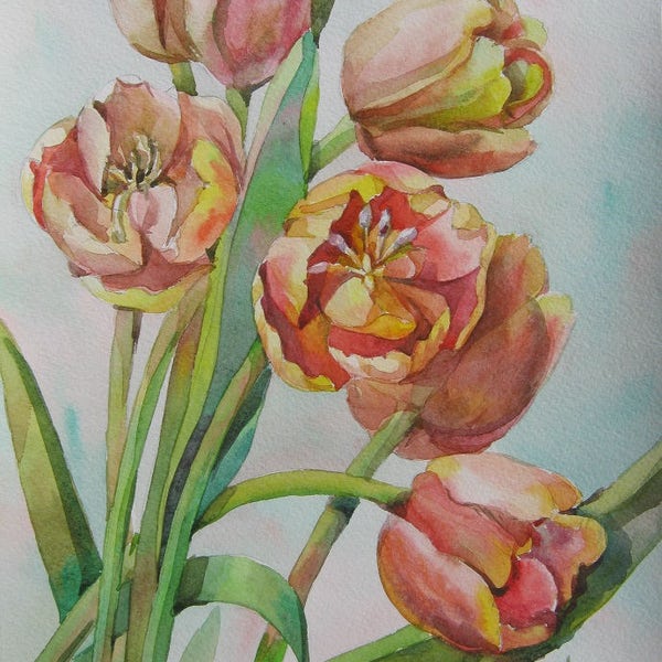 Floral Fine Art Watercolor Painting Tulips Flower Art - Original Watercolour Home Decor