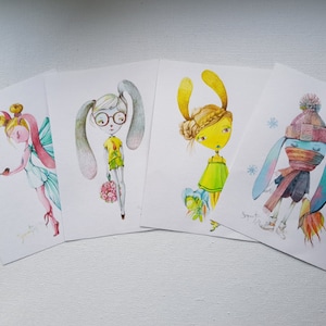 Set mit 4 niedlichen Liebesillustrationen, Original-Aquarell, süßer Hase, Hase, Wanddekoration, Aquarellblumen, Kinderzimmerdekoration, Neujahrskarten, Geschenk