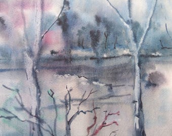 ORIGINAL Watercolor painting, watercolor landscape painting, home decor artwork,Landscape Watercolor Painting, Fine Art, blue, gray, purple