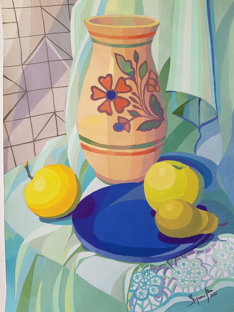 Original, gouache antique vase apples pear, blue plate, decorati Original, gouache antique vase apples pear, blue plate, decorati