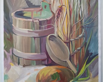 Original Gouache painting,Still life Painting,Ukrainian primitif,Country Still,Home decor,barrel,mortar,bread,onion,spikelet,folk Ethnic art