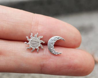 Sun and moon stud earrings ,sun moon jewelry,wiccan jewelry,pagan,planet earrings, moon earrings
