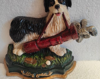 Vintage doorstop, dog stopper, golf bag doorstop, cast iron door holder, cottagecore golf fanatic décor,
