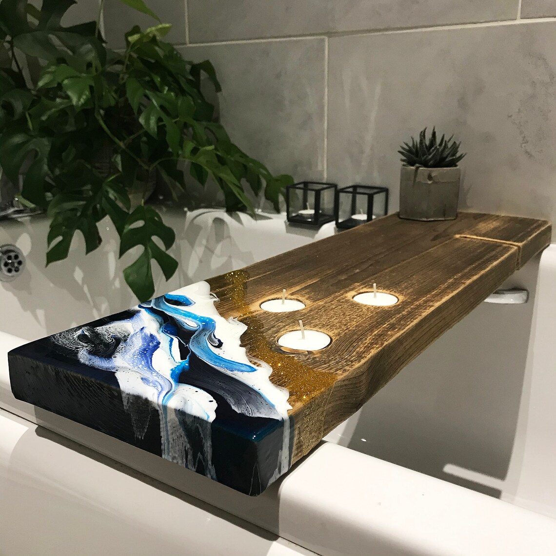 Ocean Epoxy Resin Bath Caddy Reclaimed Scaffold Bath Tray Etsy