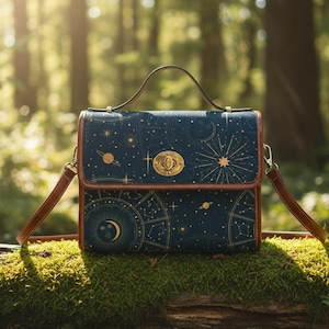 Puede incluir: Bolso de mano azul oscuro con un diseño celestial con estrellas doradas, planetas y constelaciones. El bolso tiene un asa y una correa para el hombro marrones, con un cierre dorado. El bolso está sobre un tronco cubierto de musgo.