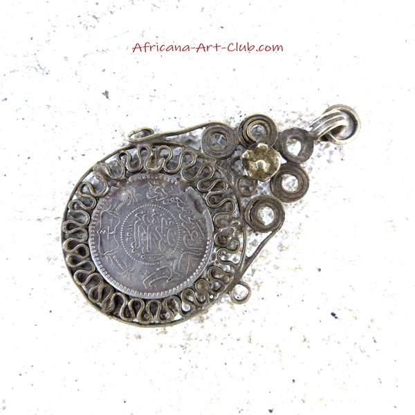 Antique NEAR EASTERN PENDANT with coin, Arab Berber Bedouin filigree ethnic islamic vintage wedding jewelry coins old authentic, bridal gift