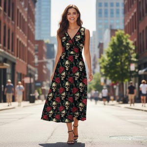 Gothic Skulls & Roses Maxi Dress: Whimsical Witchy Sleeveless Vegan Dress