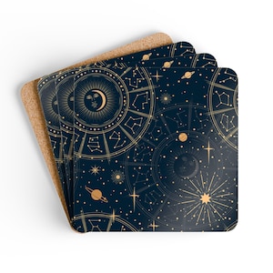 Celestial Corkwood Coasters Set: Astrology Stars, Moon & Zodiac Decor Gift