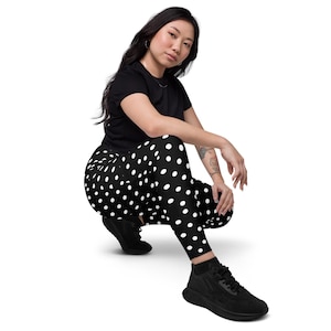 RECYCLED POLKA DOTS Leggings With Pockets Black White Retro Style Yoga Hiking Gym Sports Stretch Pants