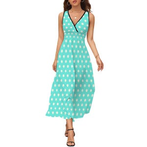 Retro Polka Dot Maxi Dress: Turquoise White Sleeveless Sundress
