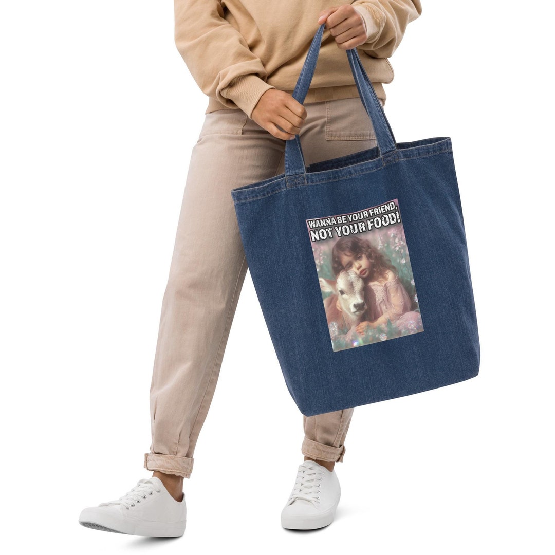 READY to SHIP in BLACK! Vegan Tote Bag in Blue Black Denim, Bead Chain Trim Denim Tote Bag