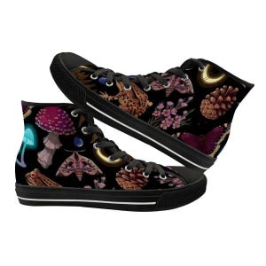 DARK ACADEMIA Women’s High‑Top Canvas SNEAKERS Whimsical Moon Botanical Gothic Mushroom Toad Floral Forest Fairycore Black Blue Shoes