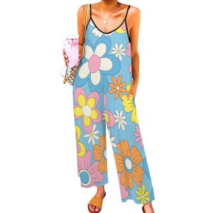 RETRO 70s Women s JUMPSUIT Bold Flower Power Pattern Light Blue Orange Pink Curvy Casual Suspenders Romper Loose Plus Size Fit Jumpsuit