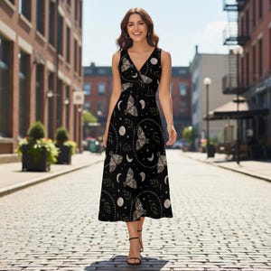 Gothic Moth Moon Print Maxi Dress: Dark Romantic Fairycore Clothing