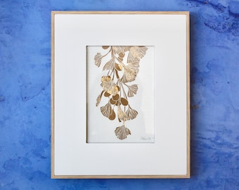 Gold Ginkgo Lino print with gold leaf, gold ginkgo, Lino print, nature print, gold leaf