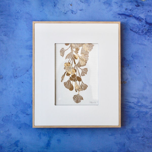 Gold Ginkgo Lino print with gold leaf, gold ginkgo, Lino print, nature print, gold leaf