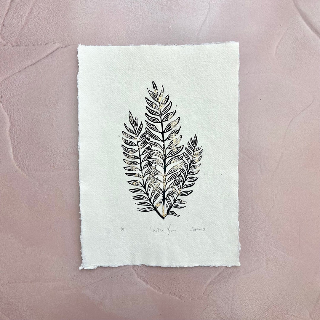 Fern Original Lino Print Black and Gold Leaf Etsy UK