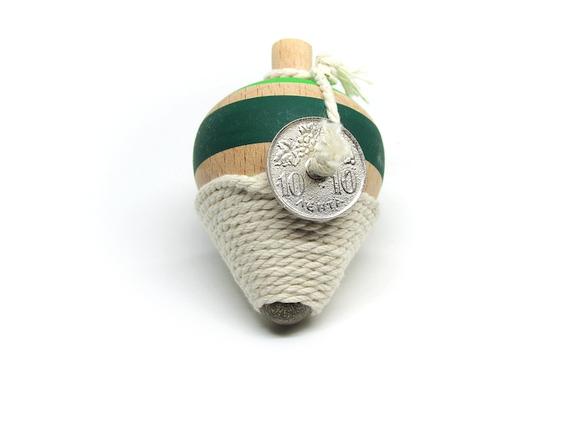 Handmade wooden traditional spinning top Instructions and History of top included in Greek & English . Green - Light Green