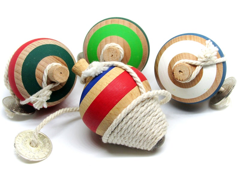 Handmade wooden traditional spinning top Instructions and History of top included in Greek & English . Red - Blue