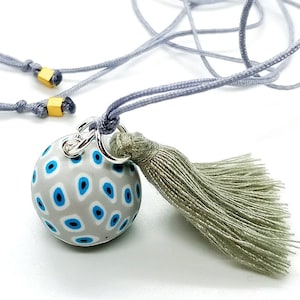 GREY Adjustable, boho, handmade in Greece, polymer clay, Evil eye Necklace