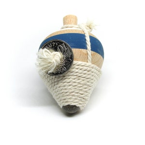 Handmade wooden traditional spinning top Instructions and History of top included in Greek & English . Blue - White