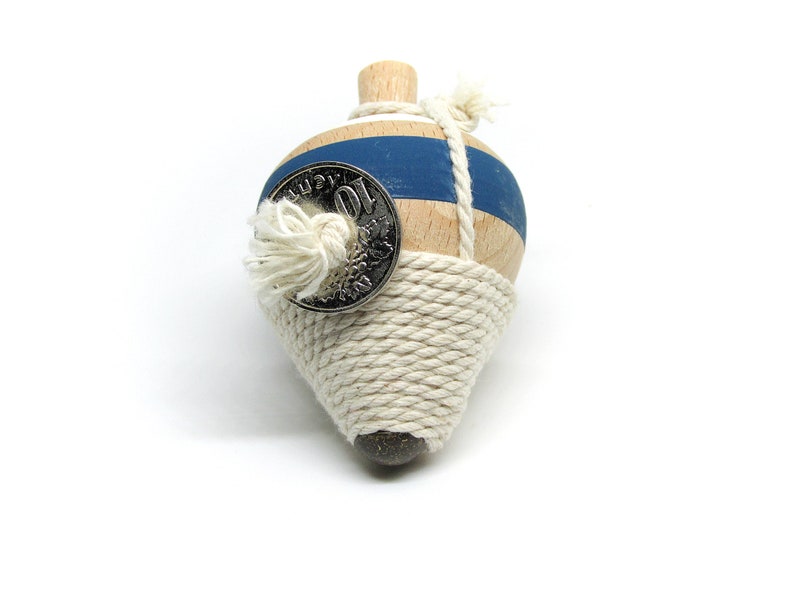 Handmade wooden traditional spinning top Instructions and History of top included in Greek & English . Blue - White