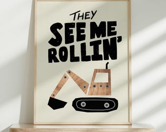 Excavator Neutral Kid&#39;s Art Poster | Excavator Print, Nursery Prints, Vehicles Nursery Art, Transportation, Excavator Printable, Boys Room