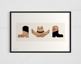 Cowboy Hat and Boots Print, Printable Cowboy Art, Cowboy Boots Art, Cowboy Hat Art, Western Print, Neutral Western Art, Neutral Cowboy Art