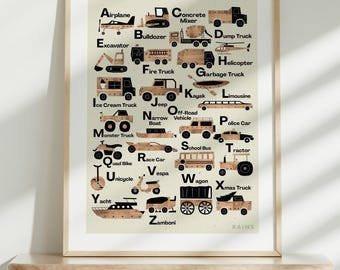 Transportation Alphabet Poster Printable, Vehicles Printable, Transport Alphabet Poster, Kid room decor, Transport nursery art, Boy Room Art