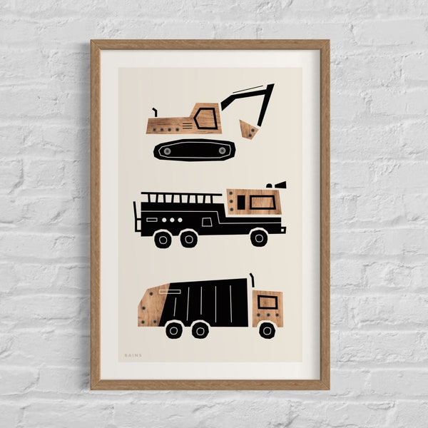 Excavator, Fire Truck, & Garbage Truck Print, Truck Art, Boy Nursery Decor, Car Printable Poster, Transportation Art, Studio Rains