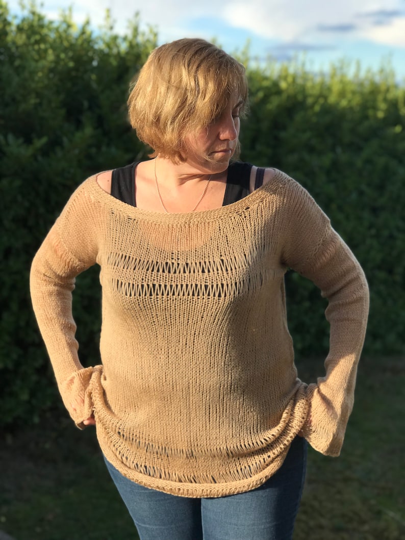 Wool loose knit oversized off-the-shoulder neck and long sleeves sweater bohemian womens plus size clothes beige soft stylish pullover