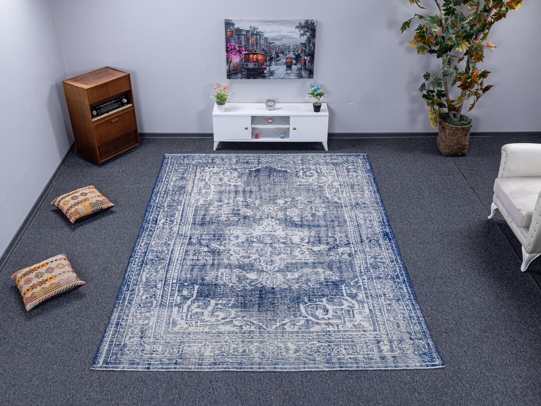 7x9 Hand-woven Wool Rug, Blue and White Oriental Carpet - Etsy