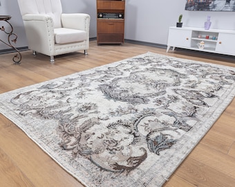 5x8 Handmade Vintage Rug, Oushak Carpet, white and gray rug, 5x8 Turkish Rug, Bohemian Decor, Pale Rug, Living Room Rug, Wool Bedroom Rug