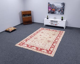 Handmade Vintage Wool Oushak Rug, Turkish Floral Carpet (4.5x6.2)