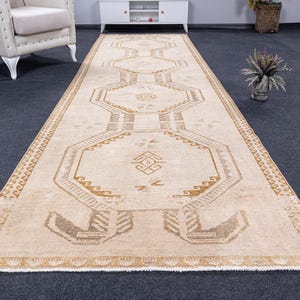 4x13 oversize neutral runner rug, Vintage muted kitchen runner rug, 4x13 runner rug, Antique unique runner, Hallyway entry beige runner