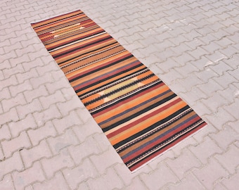Striped Wool Kilim Runner Rug, Turkish Vintage Entryway Rug (2x8)