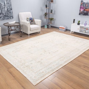 Neutral Vintage Oushak Rug, Large Primitive Muted  Antique Rug Anatolian Rug, Muted Oushak Large Area Decorative Carpet