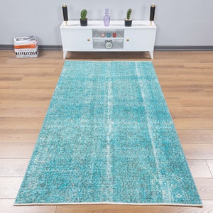 Aqua Blue Turkish Vintage Small Rug 2x6 Turquoise Oushak Carpet for Entryway Kitchen Bathroom