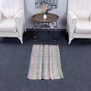 May include: A small, rectangular rug with vertical stripes in various colors, including blue, pink, yellow, and green. The rug is placed on a dark gray floor, with two white armchairs and a decorative table in the background.