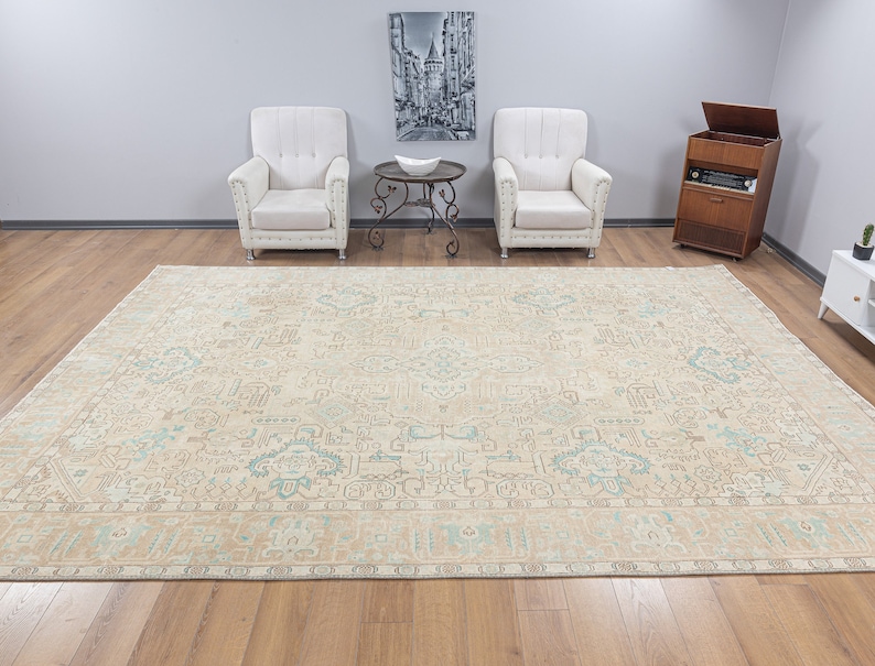 May include: A beige area rug with a light blue and brown patterned design. The rug has a fringe border and is laid out on a hardwood floor.