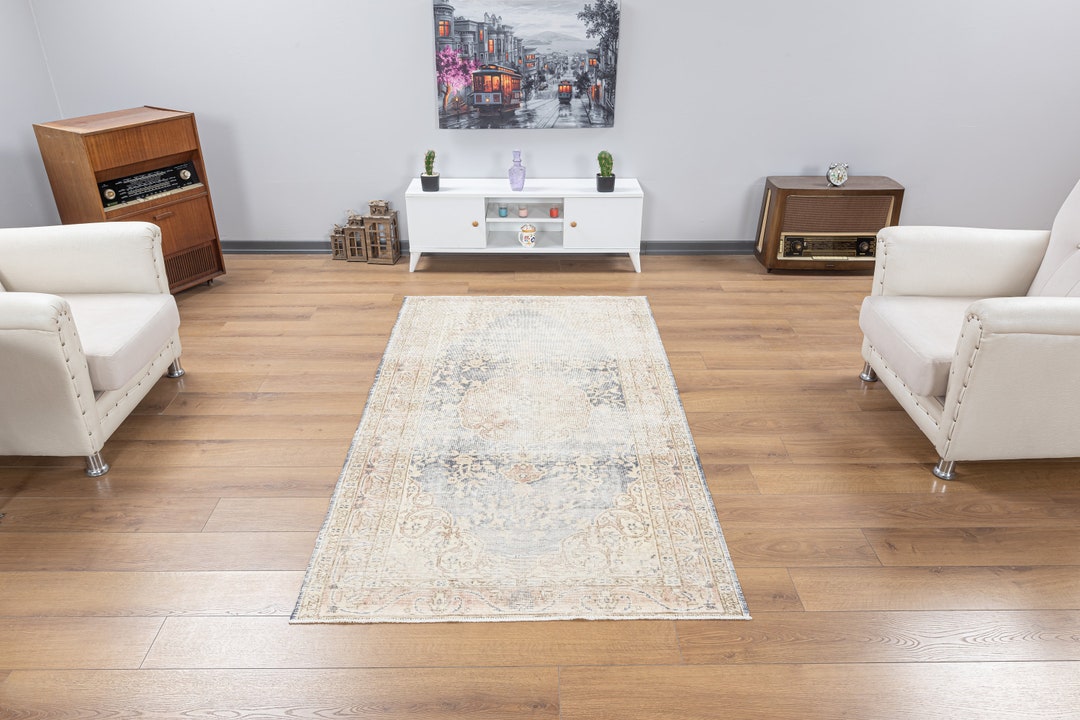 4x7 Pale Color Blue and White Vintage Anatolian Turkish Carpet for ...