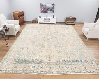 10.3x12.6 Neutral Large Area Rug, 10x13 ft Vintage Wool Oversize Muted Rugs, 10x13 Antique Home Decor Carpets