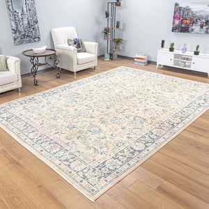 Turkish Oushak Rug 8x11 Oversize Vintage Floral Farmhouse Decor,Faded Cream Blue Large Unique Carpet,8.1 x 11.1 feet Bohemian Rugs