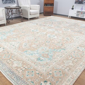 Orientalischer antiker 10x10 Neutralteppich, Türkischer Teppich, Großer Wohnzimmerteppich, Schlafzimmerteppich, Handgefertigter Wollteppich, Oushak Esszimmerteppich