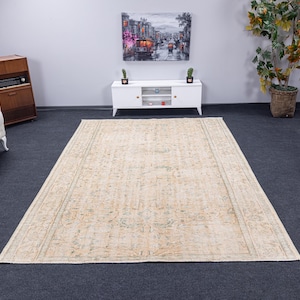 6x8 Türkischer Wollteppich, 6x8 Vintage Teppich, 6x8 Handgefertigter Beige Grüner Teppich, 6x8 Teppich, Vorleger für Wohnzimmer