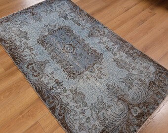 4x7 ブルー ヴィンテージ トルコ手織りラグ - 4x7 ウール エリアラグ