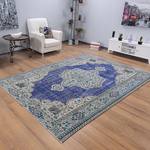 Nachtblauw vintage tapijt, 6,5 x 9,1 tapijt, pastelkleurig Oushak-tapijt, kamerdecor, handgemaakt levend tapijt, Anatolisch tapijt, vloerkleed woonkamer, modern tapijt