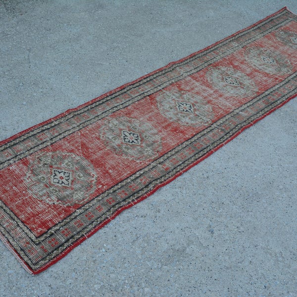 2.3 x 9.3 ft TURKISH FADED RUNNER Vintage Faded Red Hallway Rug