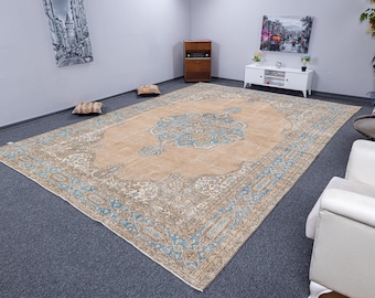Oversized 10x14 Neutral Turkish Rug, Hand Knotted Wool Antique Carpet